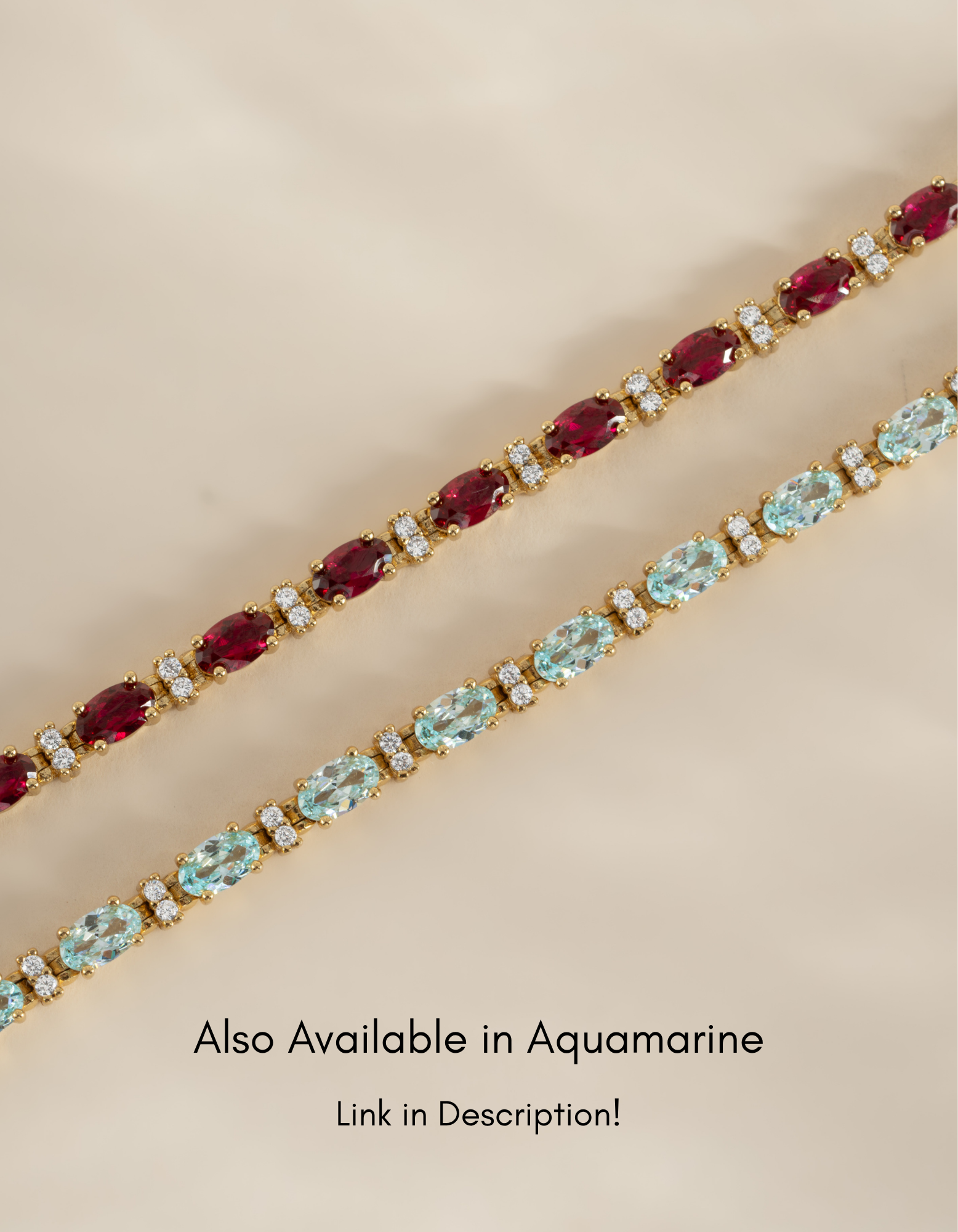 Gold Ruby Tennis Bracelet by Sami Jewels featuring a chain of vibrant rubies and sparkling diamonds.