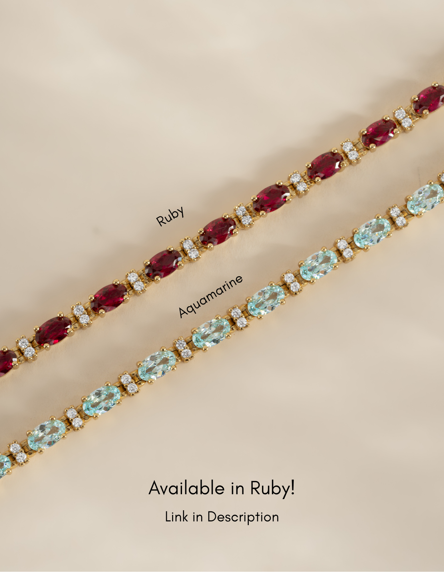 Gold tennis bracelet with aquamarine and diamond accents, featuring a delicate chain design from Sami Jewels.