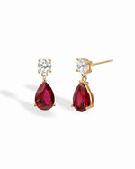 Gold 14k gold-plated Camille Ruby Pear Drop Earrings with sparkling ruby stones and elegant drop design by Sami Jewels.