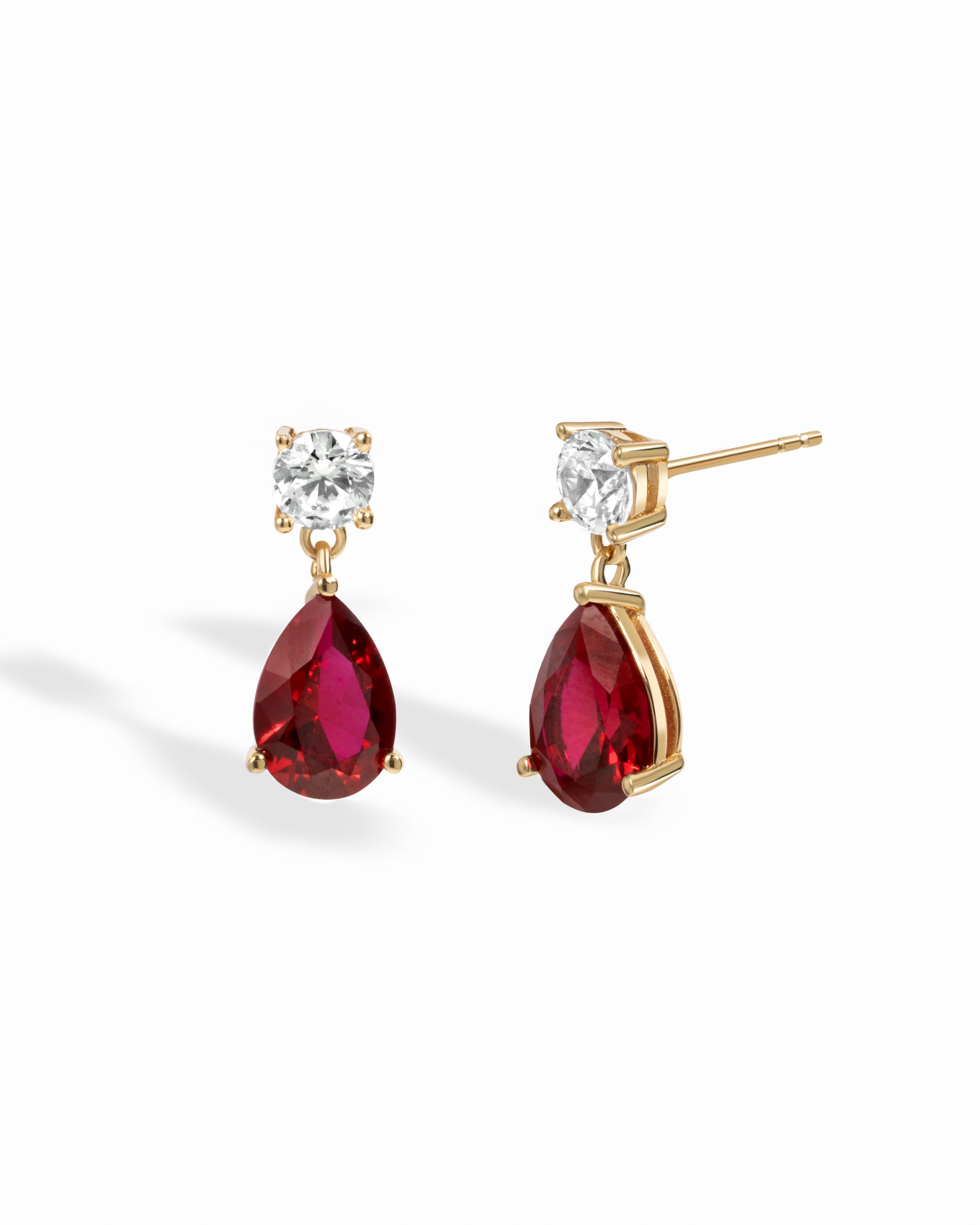 Gold 14k gold-plated Camille Ruby Pear Drop Earrings with sparkling ruby stones and elegant drop design by Sami Jewels.