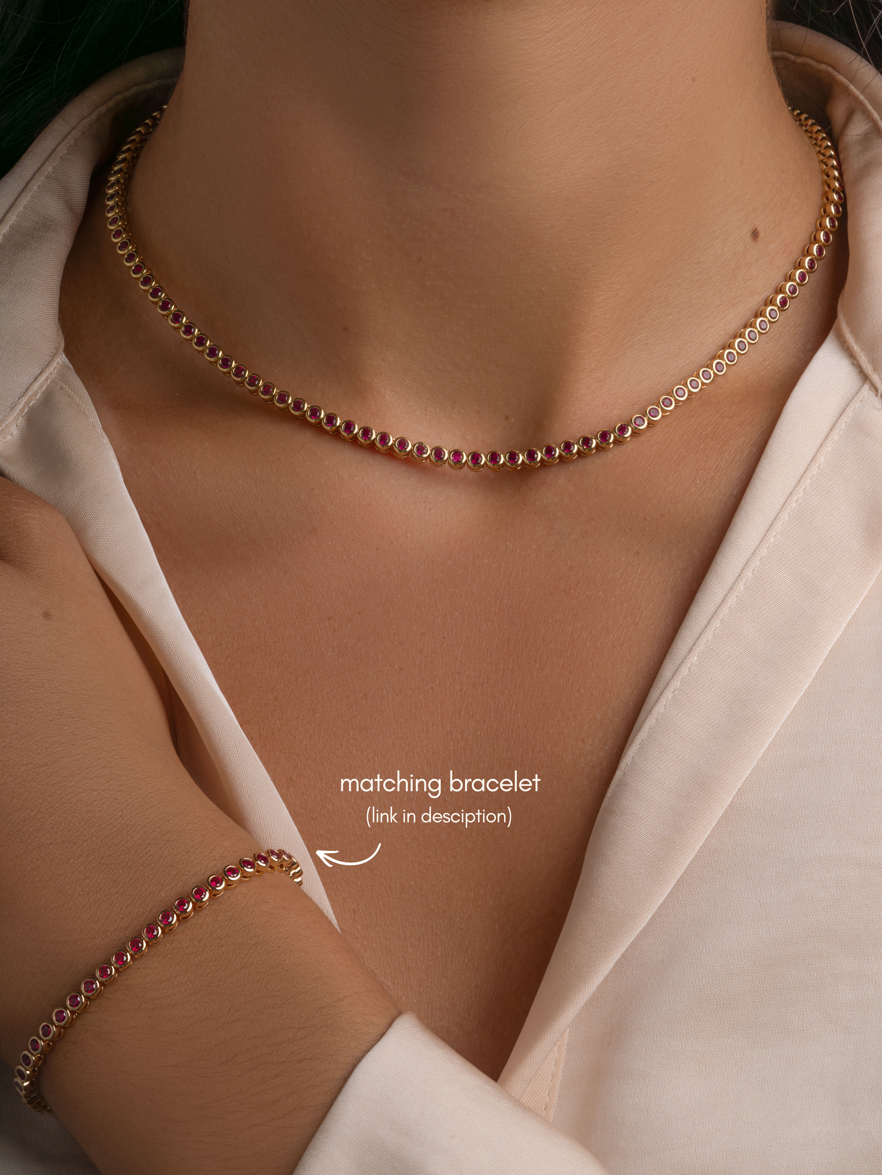 Gold Ruby Bezel Tennis Necklace and Ruby Bracelet set by Sami Jewels, featuring elegant ruby stones on a delicate gold jewelry design.