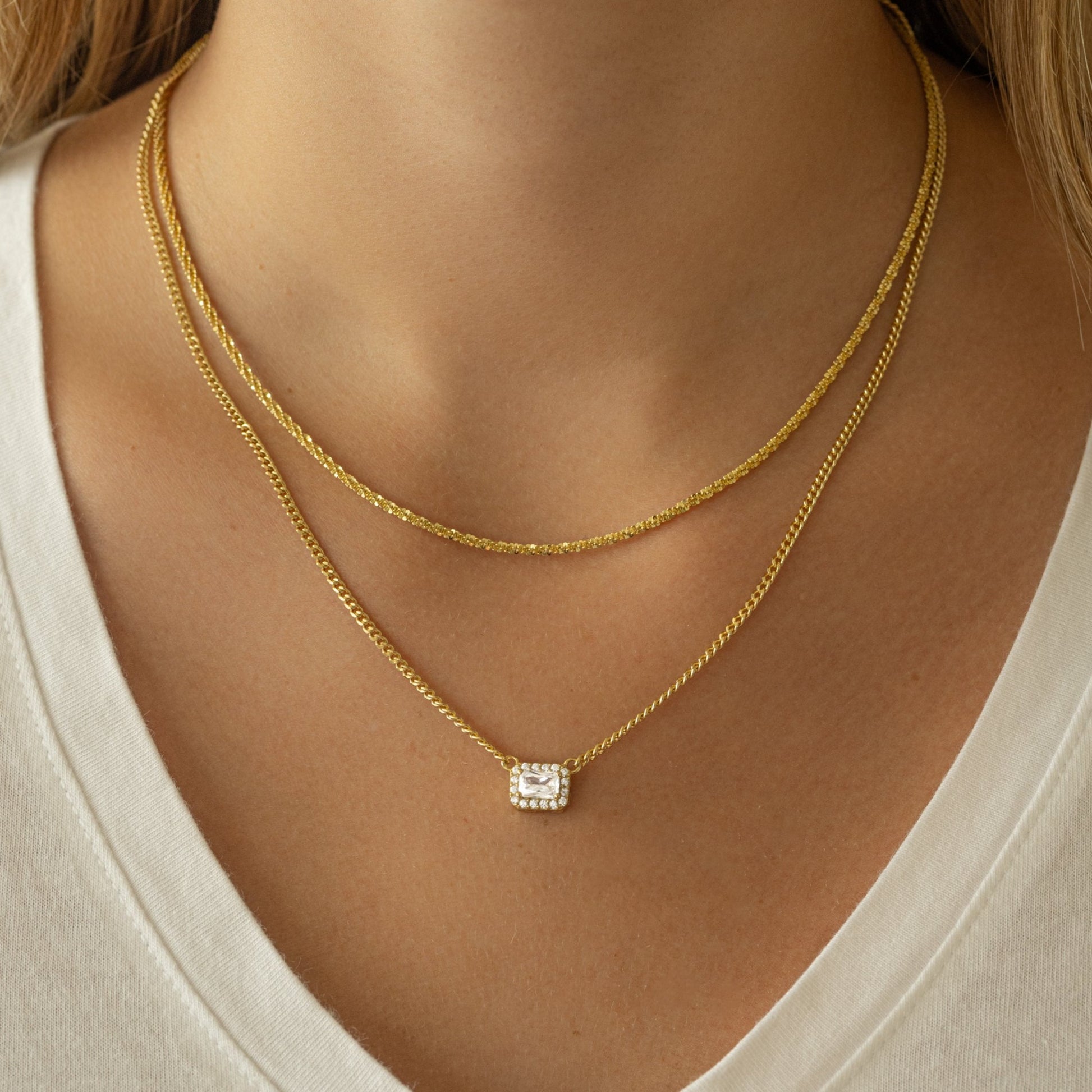 diamond cut chain necklace with halo emerald cut necklace