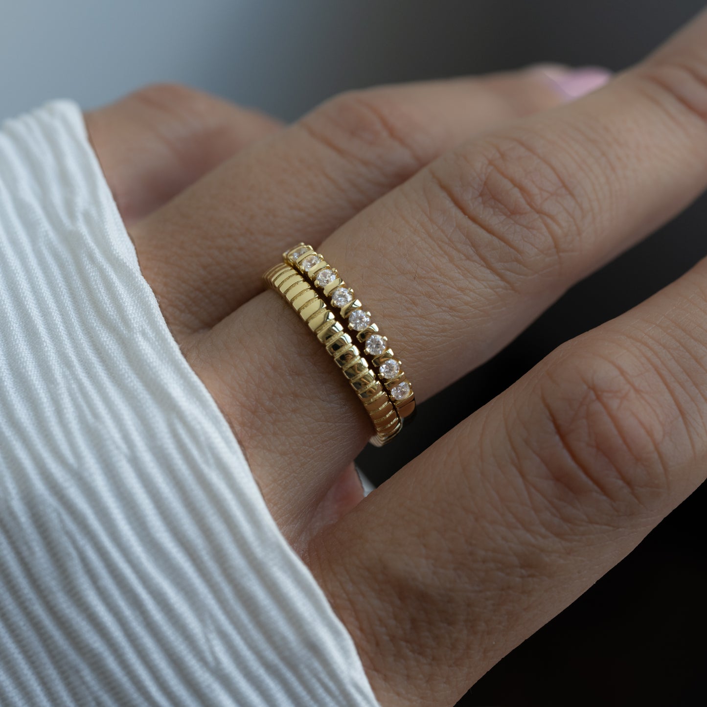 gold textured ring and cz fluted ring stack