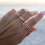 Model wearing gold stacking rings
