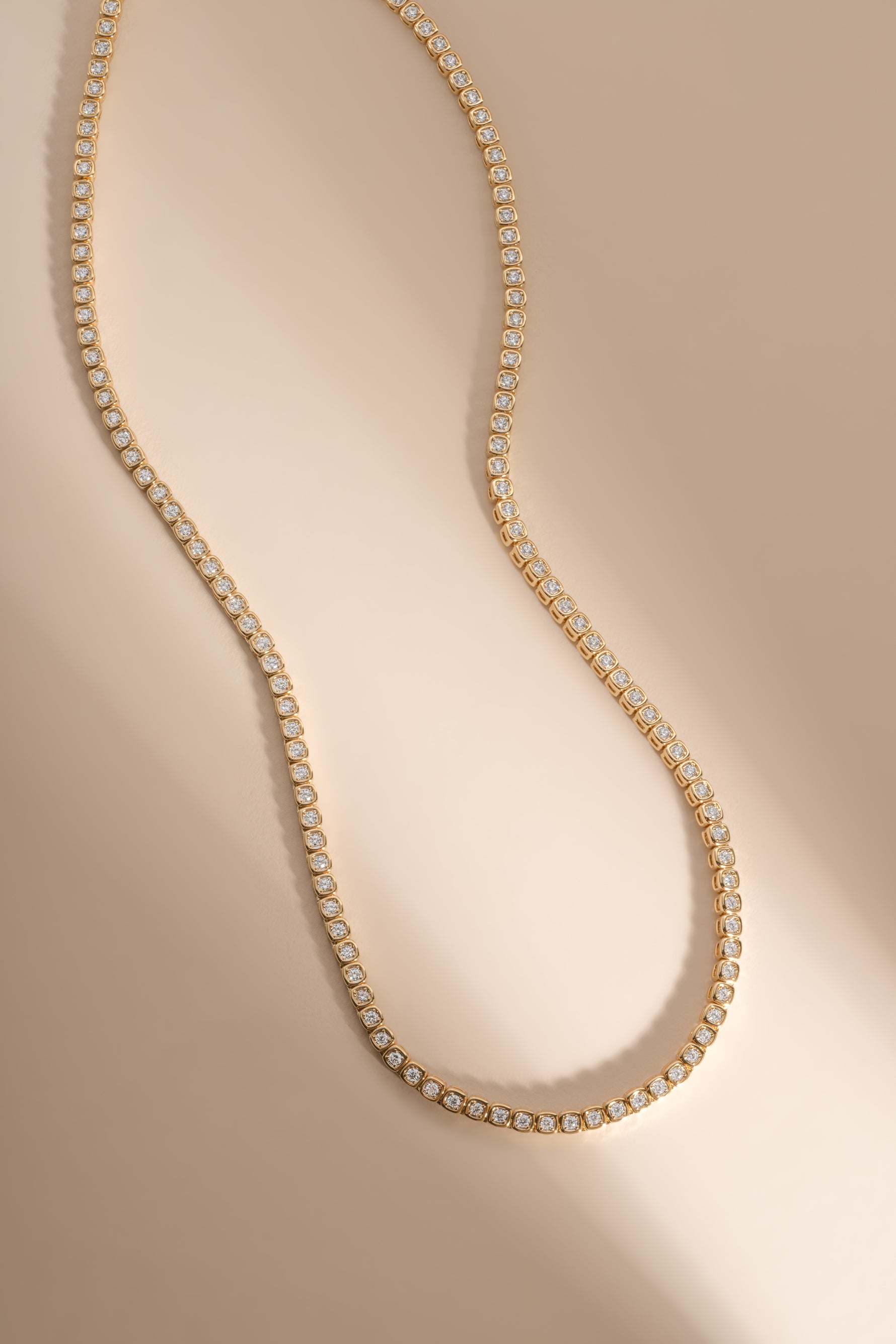 Gold Square Tennis Necklace by Sami Jewels featuring bezel-set cubic zirconia, 14k gold-plated design.