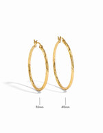 gold textured hoop earrings infographic, one 35mm hoop earring, and one 40mm hoop earring on a white background