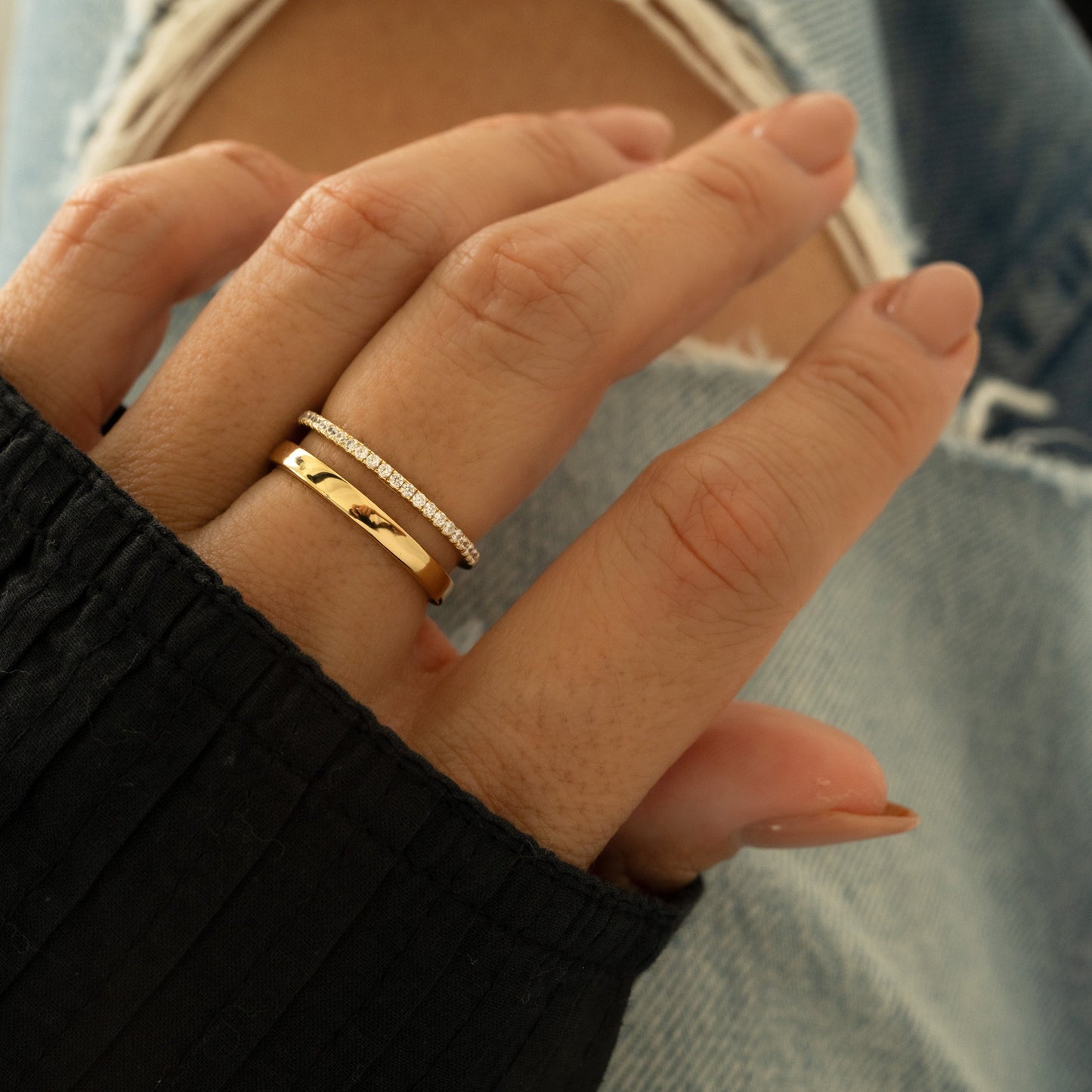 Women's gold ring set shown on model, gift for her