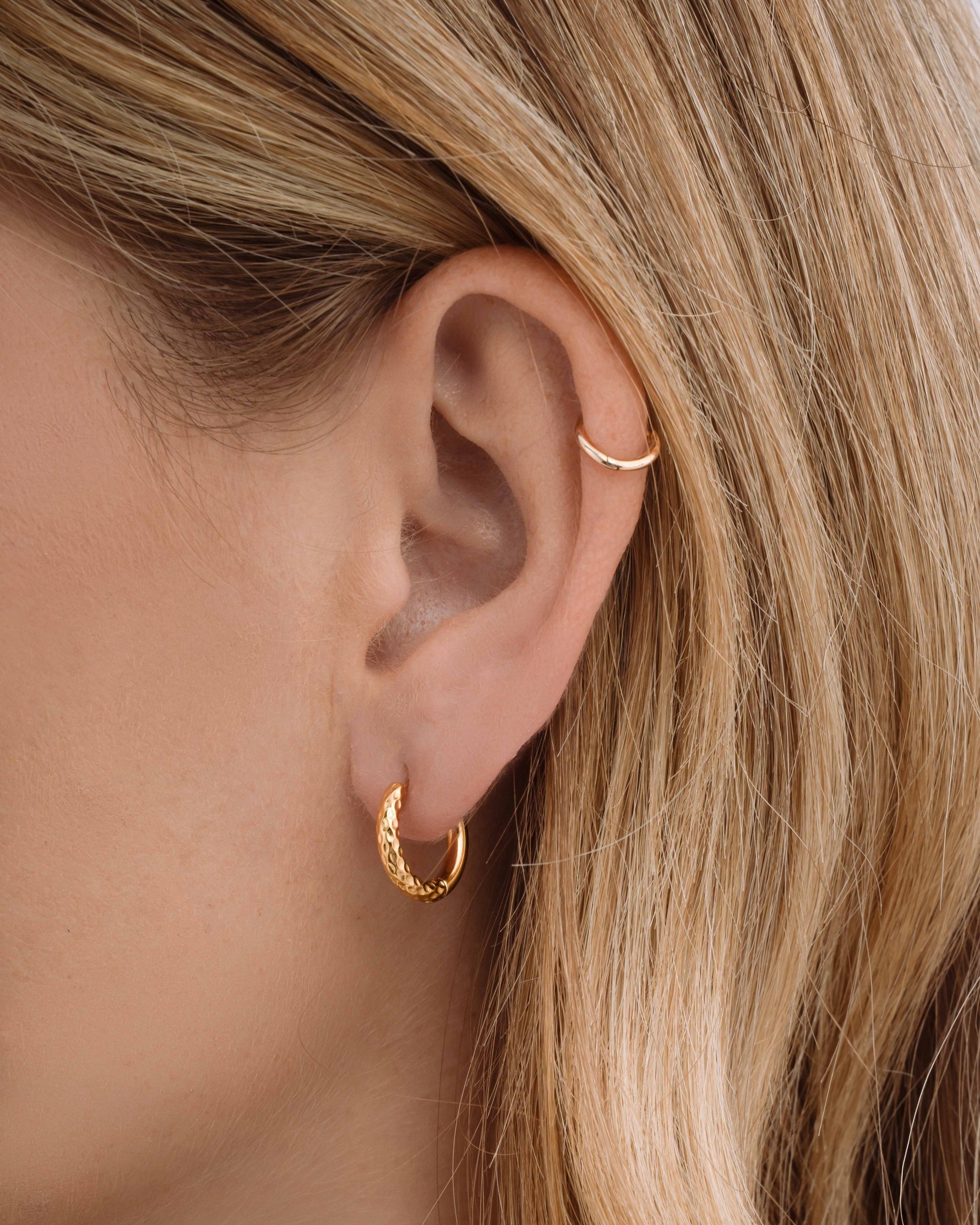 Gold stainless steel SS Half Textured Hoops earrings by Sami Jewels, featuring a huggie hoop design with textured surface.