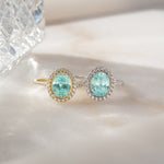 Sami Jewels Jules statement ring with a halo aquamarine gemstone set in gold and sterling silver.