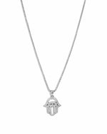 Sterling silver Hamsa necklace from Sami Jewels displayed on a white background.