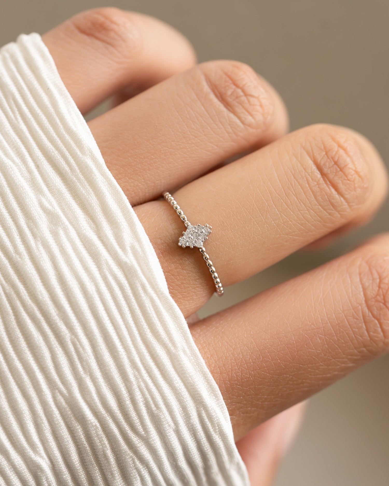 Sterling silver beaded CZ kite-shaped ring by Sami Jewels, detailed design with beaded accents and sparkling cubic zirconia.