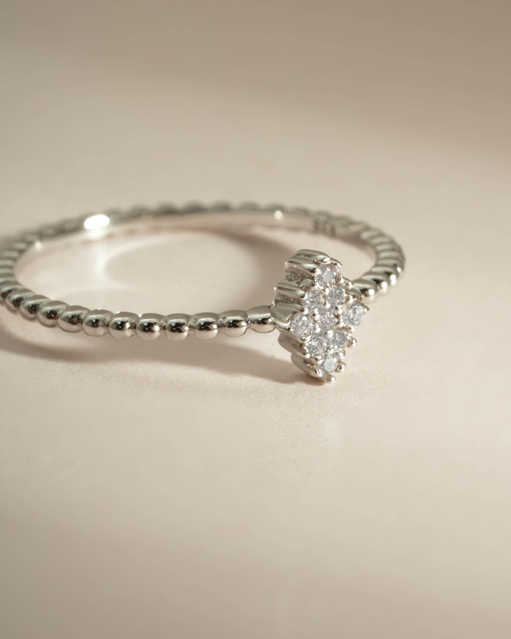 Sterling silver Beaded CZ Kite Ring by Sami Jewels featuring a geometric kite shape with intricate bead details.
