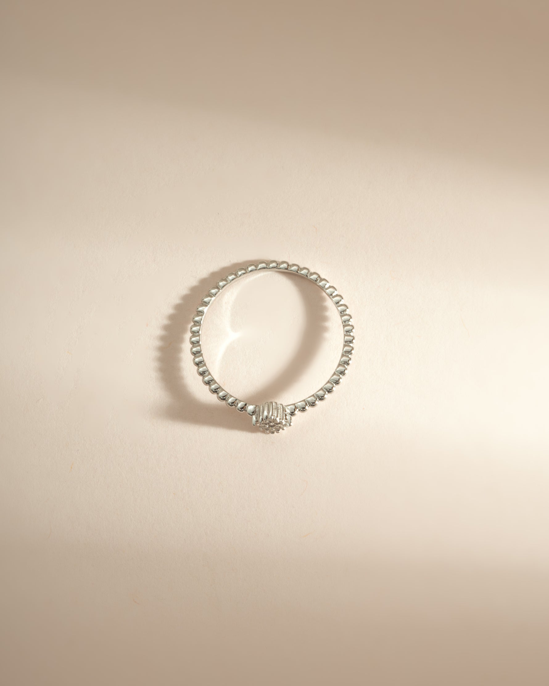 Sterling silver beaded CZ kite-shaped ring from Sami Jewels, top view showcasing detailed craftsmanship and elegant design.