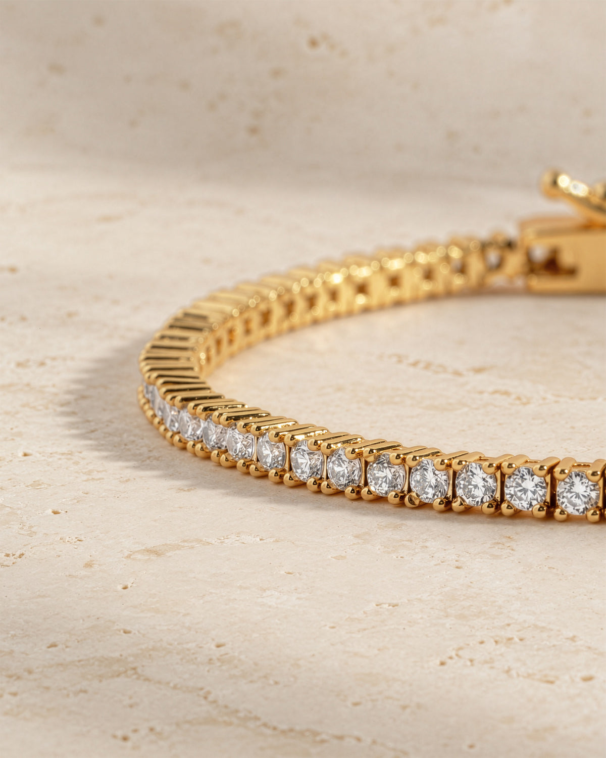 Close-up of the prong-set stones on the lab-grown diamond tennis bracelet