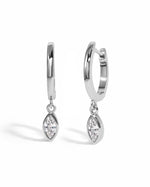 Sterling silver Marquise Bezel Drop Huggie Earrings by Sami Jewels, featuring elegant marquise-shaped design on a white background.