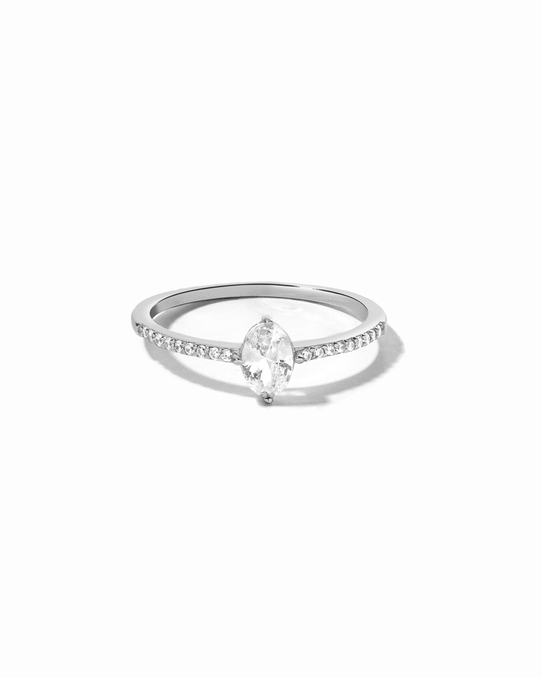 Sami Jewels Maddy Ring featuring a marquise-shaped CZ gemstone and pave band in sterling silver on a white background.