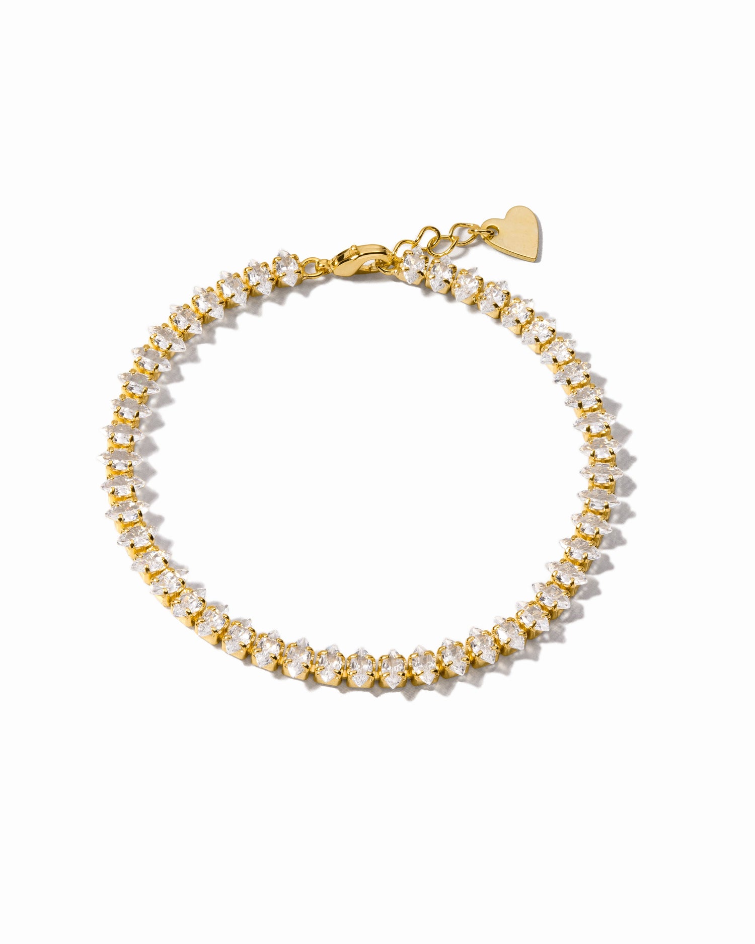 Gold Marquise Tennis Bracelet by Sami Jewels displayed on a white background, showcasing elegant marquise-shaped gemstones.