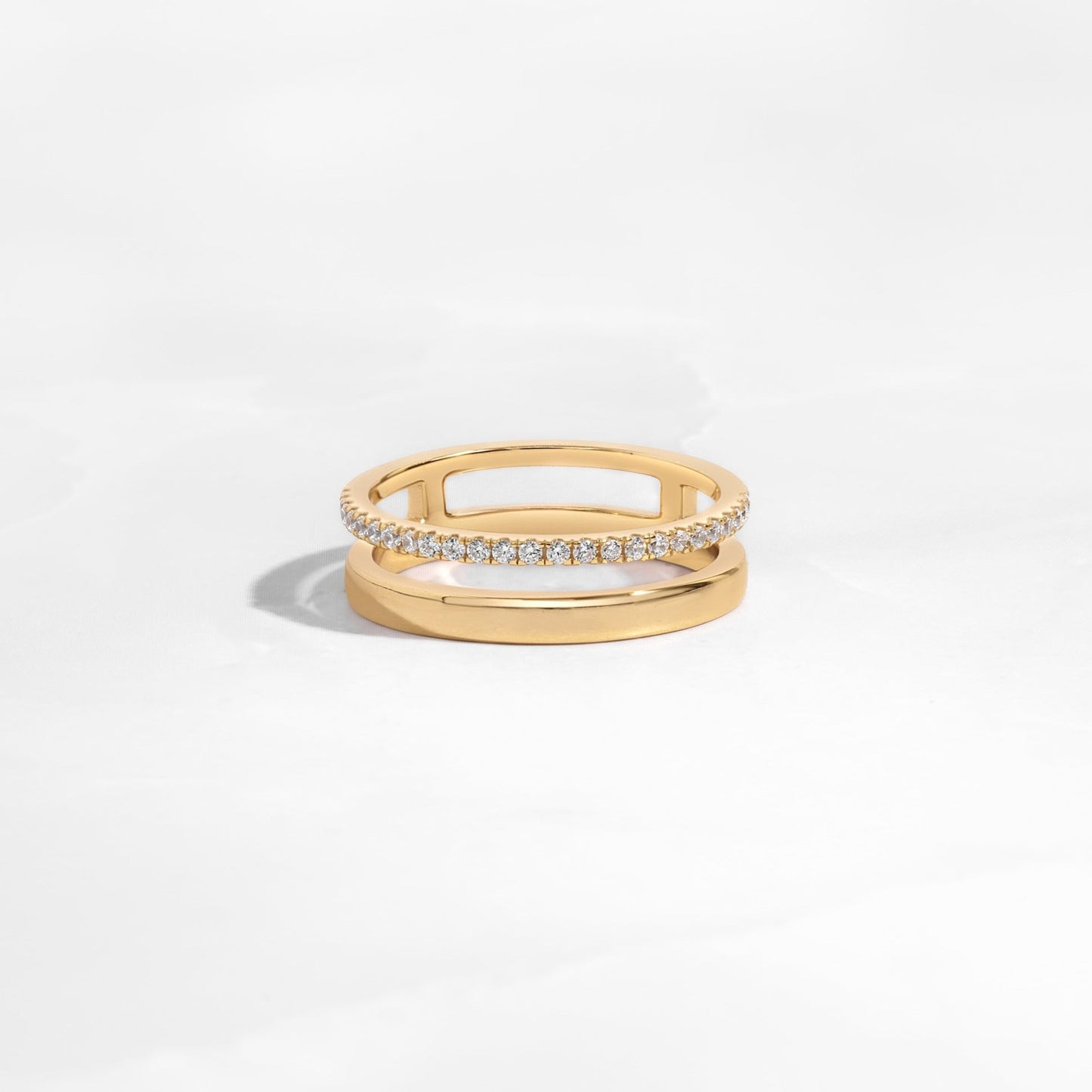 Gold Double Band Brilliant Engagement Ring on White Background