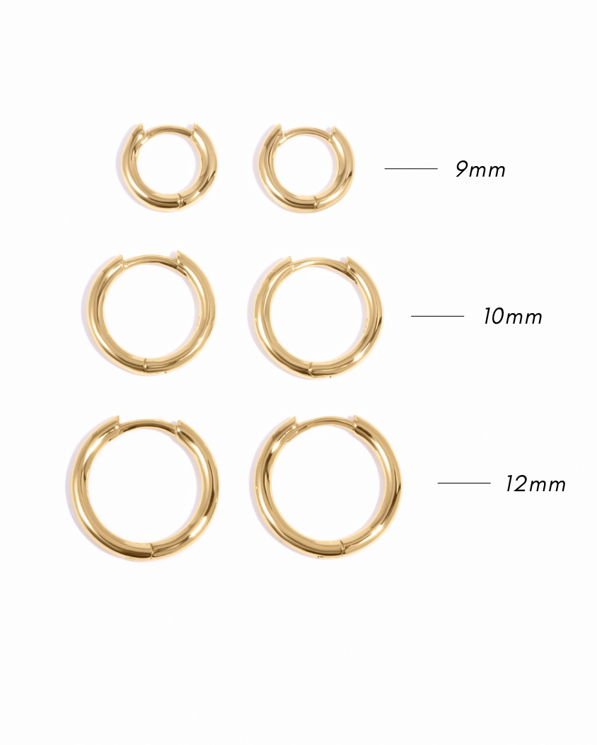 minimalist gold hoop earrings in different sizes such as 9mm, 10mm and 12mm, on a white background