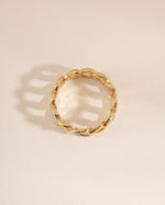 Top view of Sami Jewels mixed metal pavé chain ring showcasing intricate metalwork and sparkling pavé design.