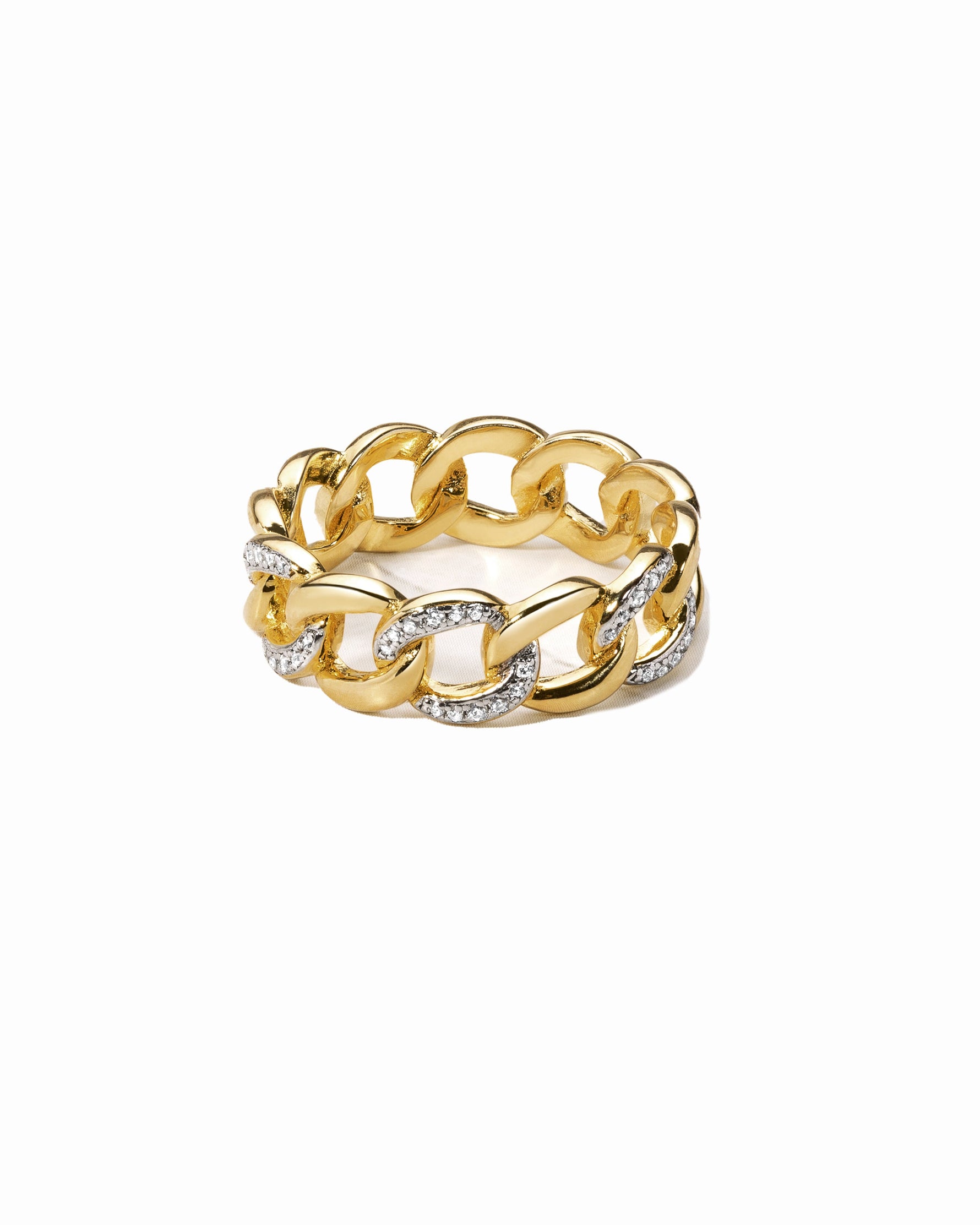 Sami Jewels mixed metal pavé chain ring featuring intertwined metal links on a plain white background.