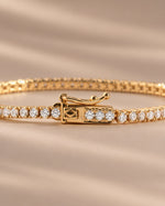 Moissanite tennis bracelet showing the closed box clasp with safety latch