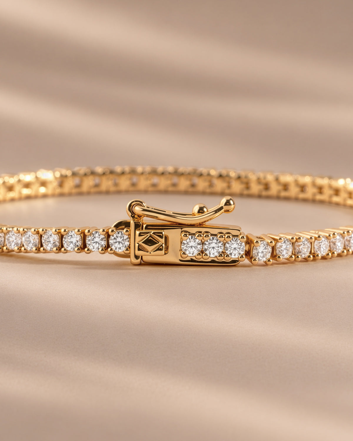 Moissanite tennis bracelet showing the closed box clasp with safety latch