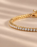 Close-up of the prong-set stones on the moissanite tennis bracelet
