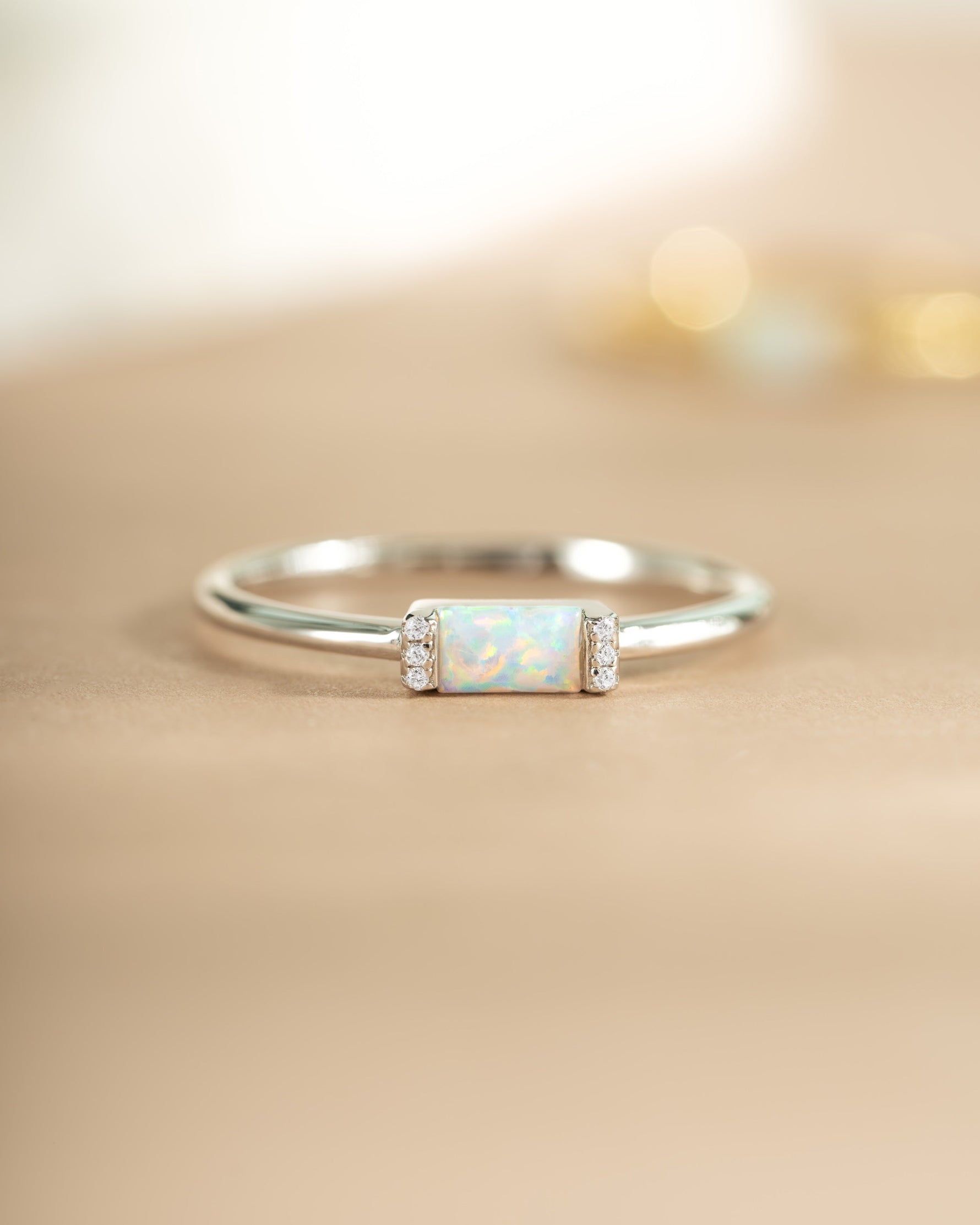 Sterling silver Opal Baguette Ring with detailed gemstone setting, showcasing elegant jewelry design by Samijewels-527.