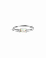 Sterling silver Opal Baguette Ring with a vibrant opal gemstone, elegant design, on a white background.