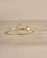Gold Opal and CZ Moon Ring by Samijewels-527, featuring a celestial moon design with sparkling stones, front view.