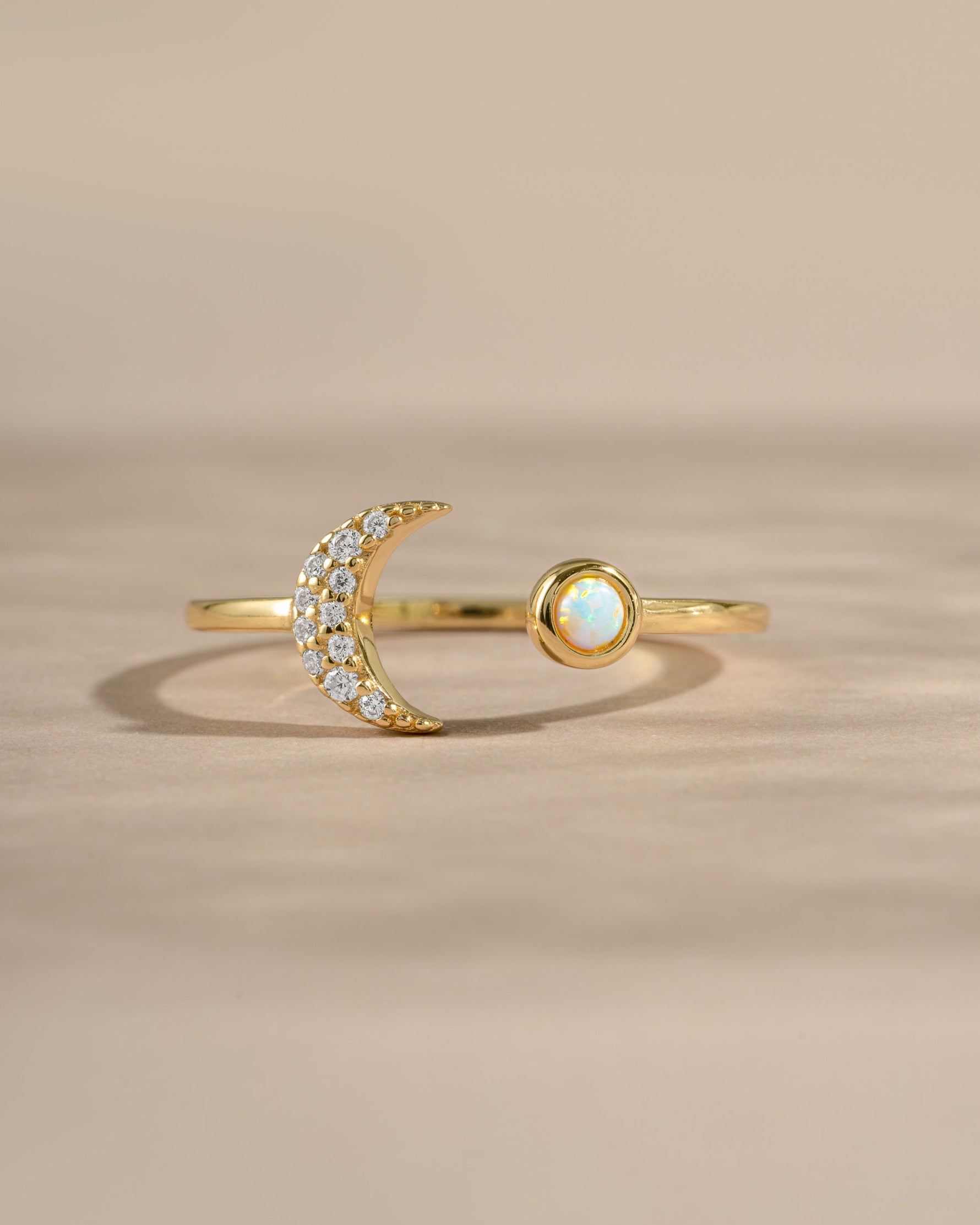Gold Opal and CZ Moon Ring by Samijewels-527, featuring a celestial moon design with sparkling stones, front view.