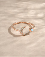 Rose gold Opal and CZ moon ring by Samijewels-527, side view showcasing the celestial moon design and sparkling stones.