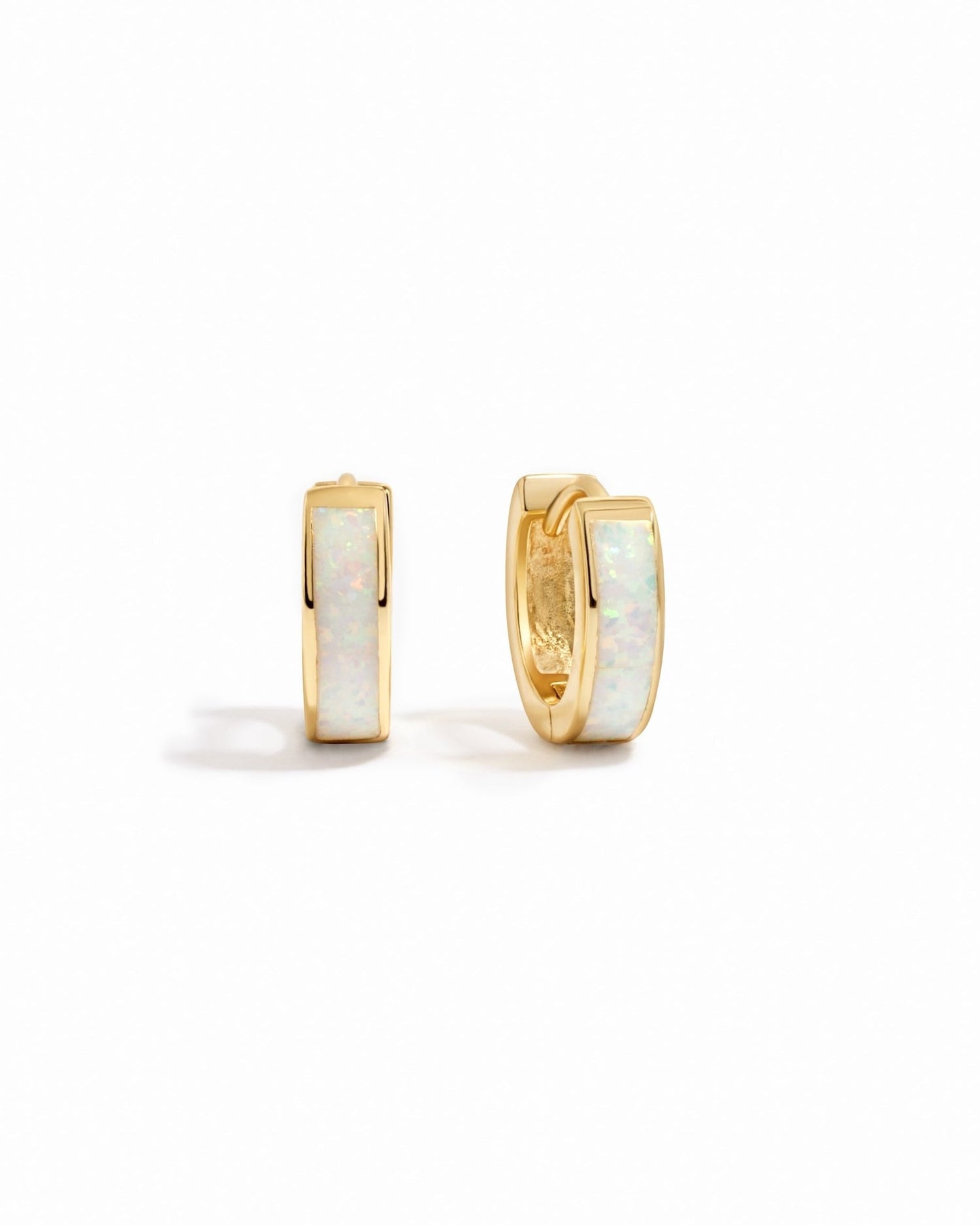Gold Opal Enamel Huggie Earrings by Sami Jewels with white background, showcasing the small, stylish hoop earrings with colorful enamel details.
