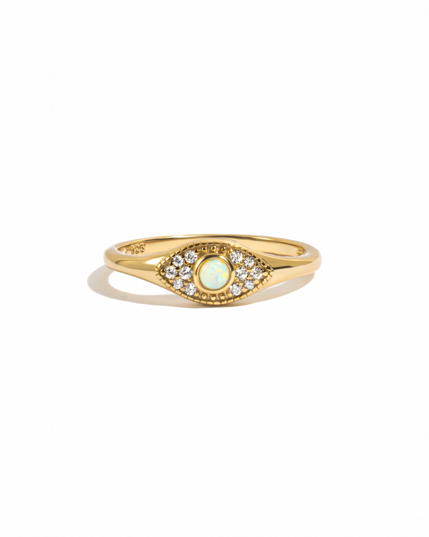 Gold Opal Evil Eye Ring by Sami Jewels featuring a colorful opal stone and protective evil eye design on a white background.