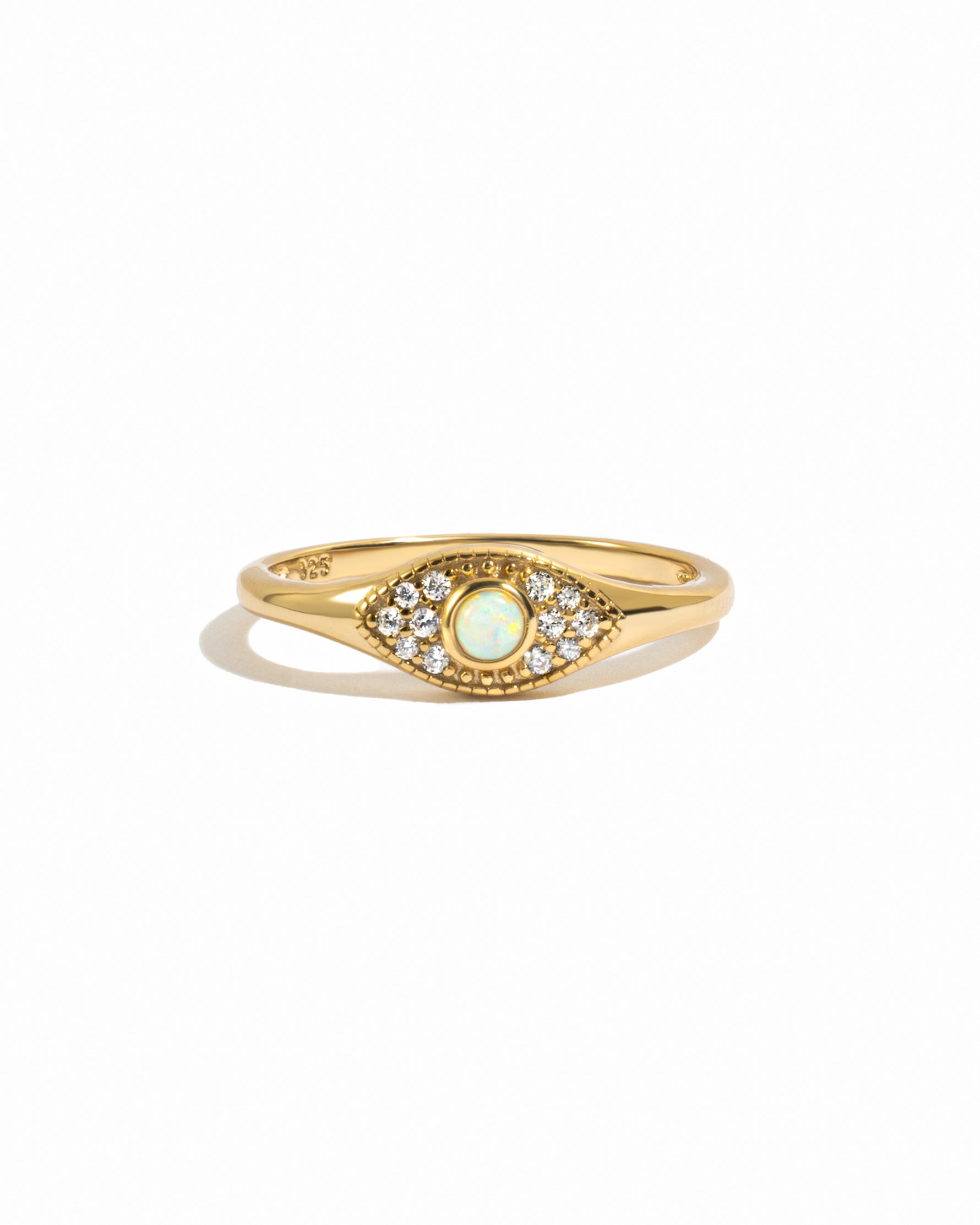 Gold Opal Evil Eye Ring by Sami Jewels featuring a colorful opal stone and protective evil eye design on a white background.