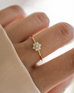 Gold opal flower ring by Samijewels-527 displayed on a model, showcasing intricate floral design and vibrant gemstone details.