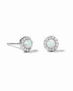 Sterling silver opal halo stud earrings by Sami Jewels featuring white opal stones surrounded by a silver halo.