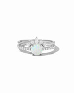 Sterling silver opal ring set with pave detail showcasing vibrant white and blue opals, designed by Sami Jewels.