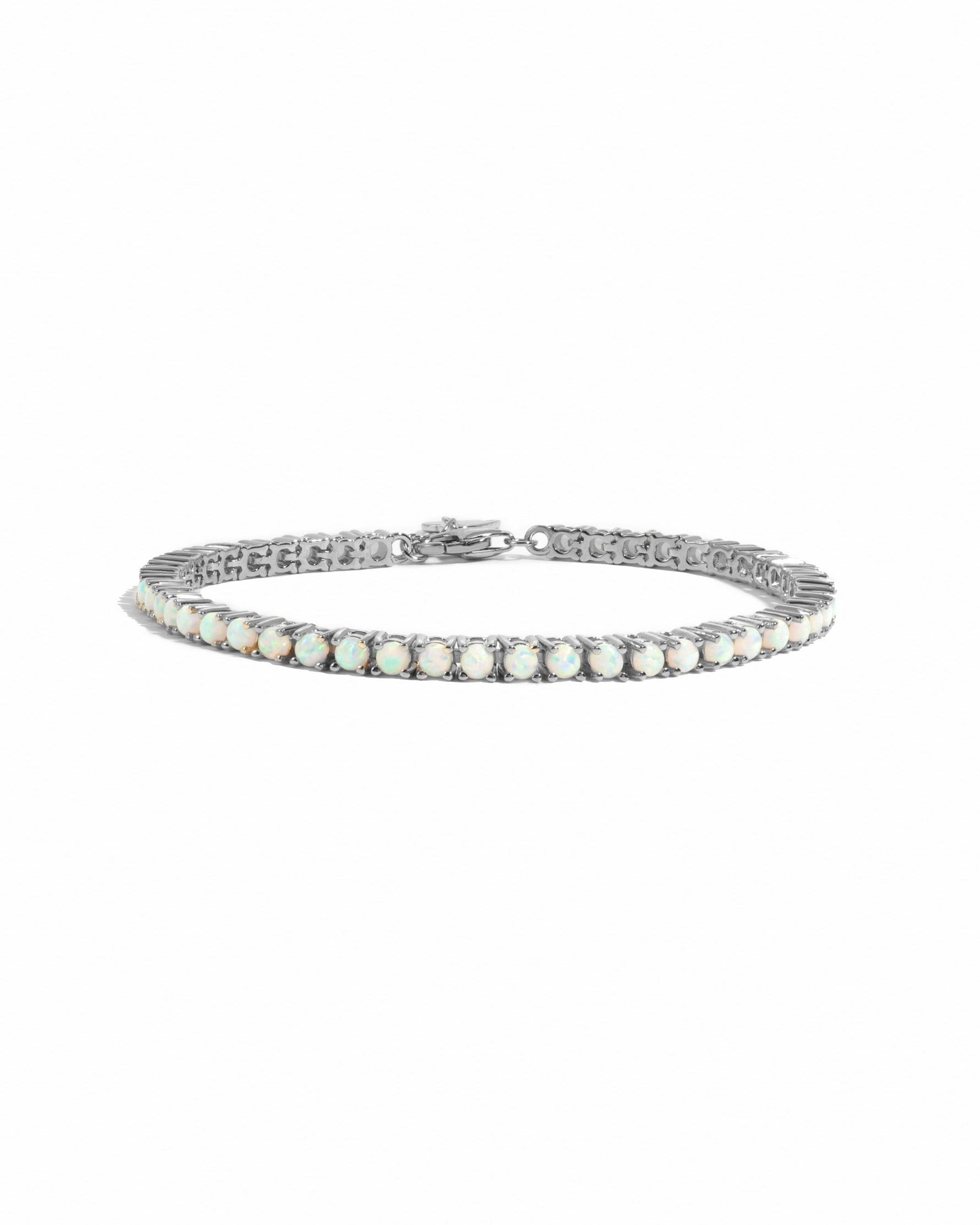 Sterling silver Opal Tennis Bracelet by Sami Jewels featuring sparkling opal stones on a sleek bracelet design.