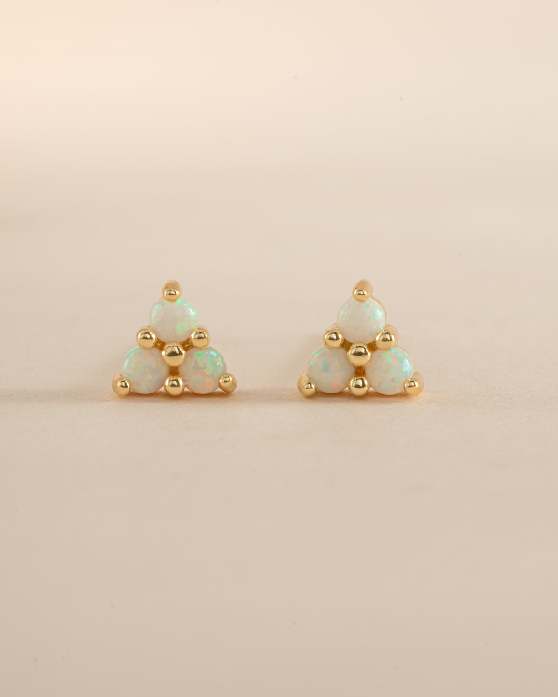 Gold Opal Three Stone Stud Earrings by Sami Jewels, front view showcasing the elegant three opal stones and classic design.