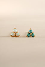 Sami Jewels opal three-stone earrings with turquoise accents in gold setting, showcasing elegant stud earrings design.