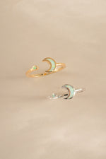 Open Opal Moon Ring by Sami Jewels featuring a gold and sterling silver band with a luminous opal moon design.