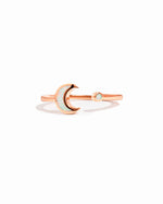 Open opal moon ring by Sami Jewels featuring a rose gold band and a shimmering opal moon gemstone.