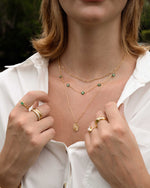 Gold oval medallion necklace by Sami Jewels displayed on a model, showcasing a stylish and elegant jewelry piece.