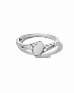 Sterling silver small oval opal ring with vibrant white and blue hues, featuring a smooth polished finish.