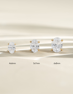 Gold oval stud earrings in three sizes: 4x6mm, 5x7mm, and 6x8mm by Sami Jewels.