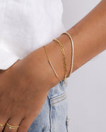 Sami Jewels Pavé Bar Diamond Bracelet stacked with other bracelets, featuring a sleek pave diamond design for elegant wristwear.