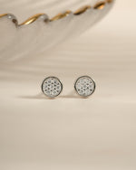 Sterling silver Pavé Disc Stud Earrings by Sami Jewels, front view showing sparkling pave design on round studs.