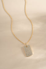 Gold Pavé Dog Tag Necklace by Sami Jewels, front view showing detailed pave design and sleek chain.